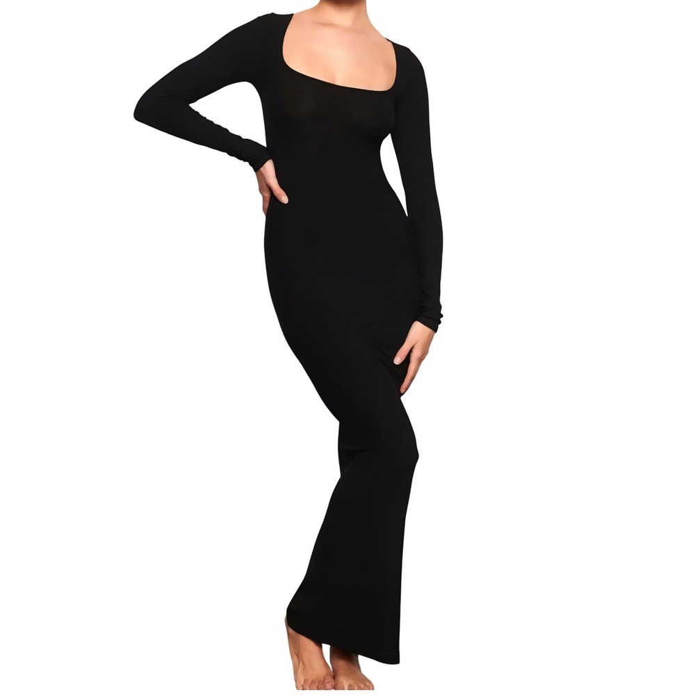 Skims Soft Lounge Long Sleeve Dress Onyx Black Ribbed Maxi Square Neck XXS NWT